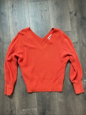Anthropologie V-Neck Knit Sweater in Bright Coral